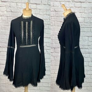 For Love & Lemons Willow Black Bell Sleeve Whimsy Goth Lace Mini Dress Size L